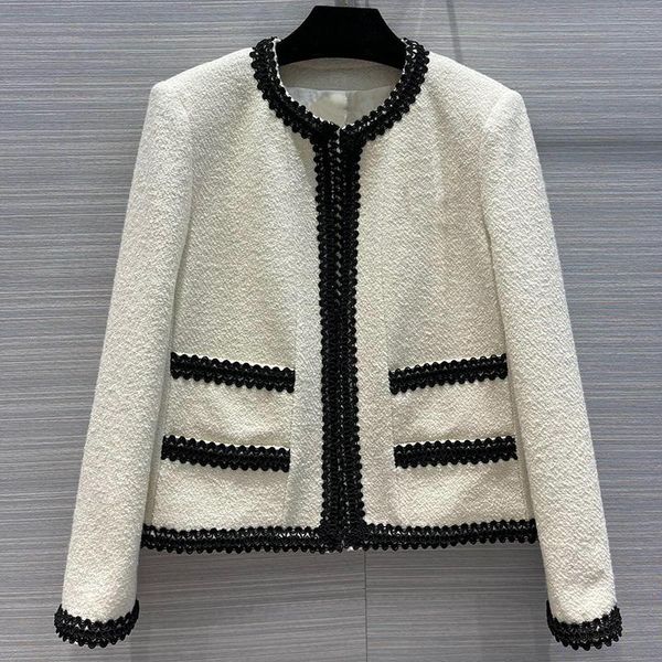 

women's jackets runway vintage black contrast white tweed jacket women camellia linier outerwear casual short coat lady 2021 au, Black;brown