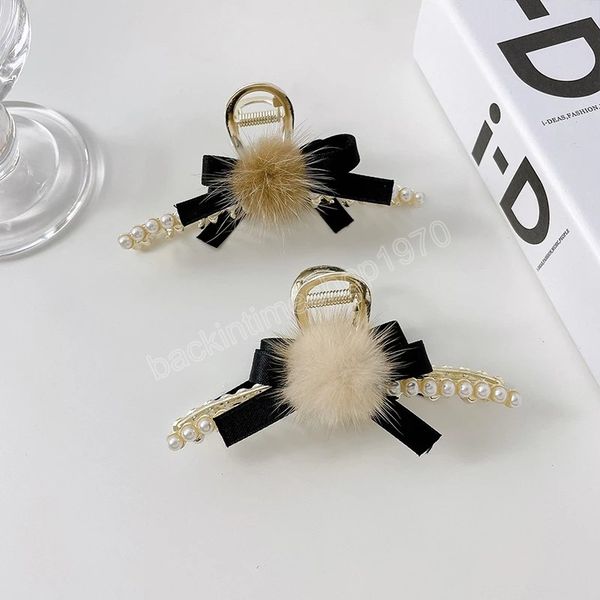 

elegant pearl bow hair claw clips for women big size metal hair clip hairpin plush ball barrettes hair accessories, Slivery;white