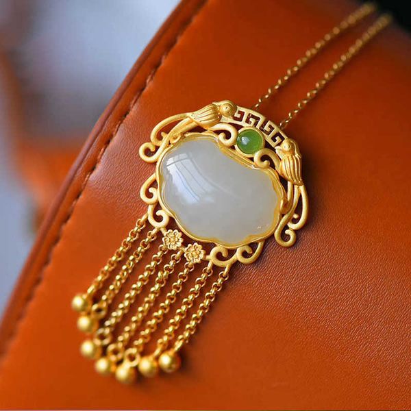 

new super fairy palace classic tingfeng pendant ping'an long life lock gold phoenix tassel necklace for mom, Silver
