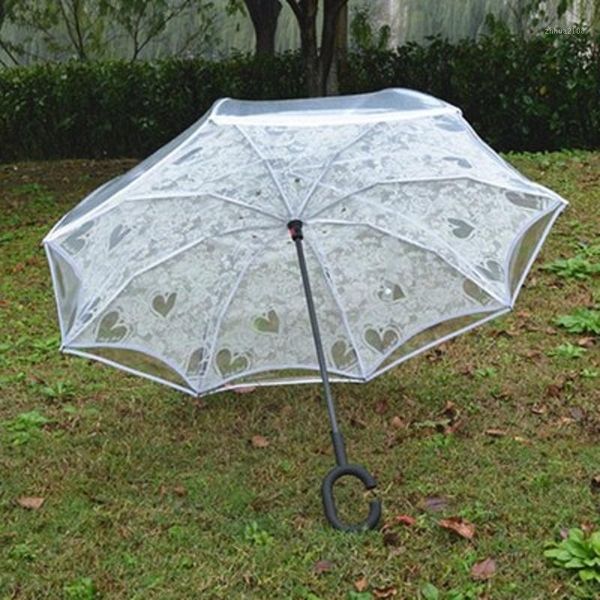 

umbrellas folding reverse umbrella double layer inverted windproof rain car for women transparent flower1