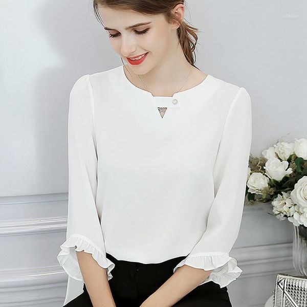 

style blouses spring summer women ruffles sleeved chiffon blouse korean elegant slim fit shirts women's, White