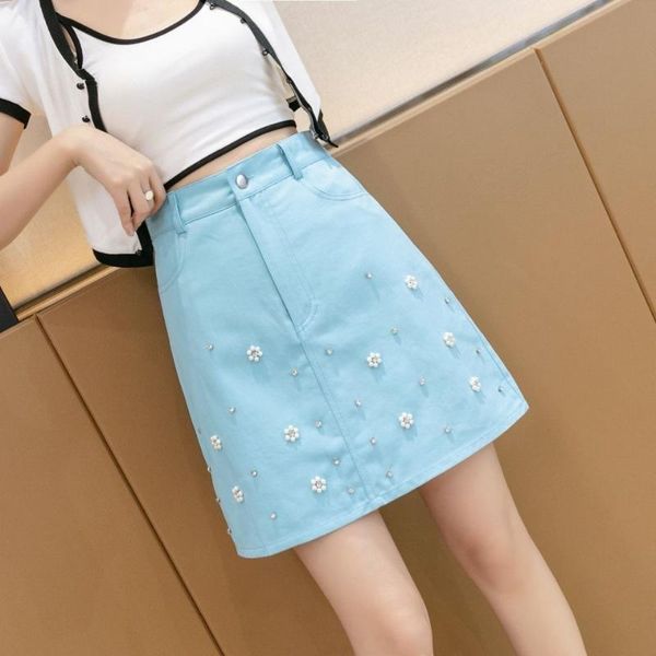 

skirts women 2021 summer fashion beaded female solid high waist short skirt femme a-line lady elegant casual mini y79, Black
