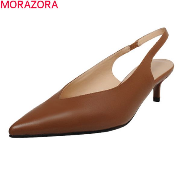 

morazora genuine leather women sandals summer shallow pointed toe office dress shoes fashion pointed toe ladies pumps 210506, Black