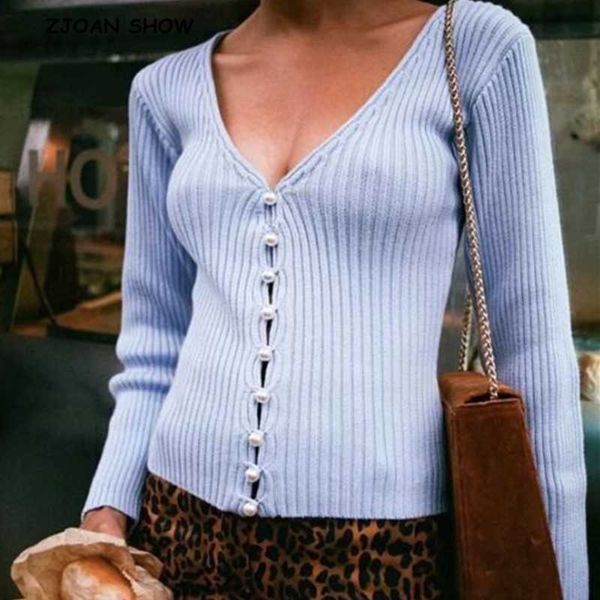 

vintage stylish knitting single breasted pearl cardigan sweater woman deep v-neck long sleeve jumper stretch knitwear 210928, White