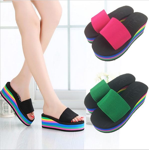 

fashion women platform slide sandals colorful summer beach home slipper wedge leopard casual flip flops slippers, Black