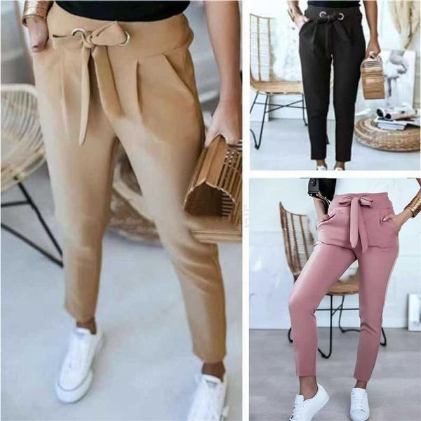 

women's pants & capris england style women summer solid color pencil bandage design pockets decor high waist slim hips trousers for str, Black;white