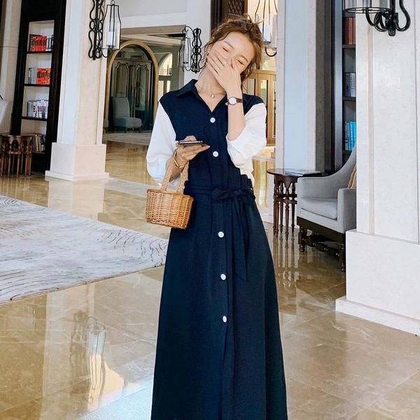 

party dresses new spring summer half sleeve button front slit long ladies european style patchwork in sashes vestidos a65 srru, White;black