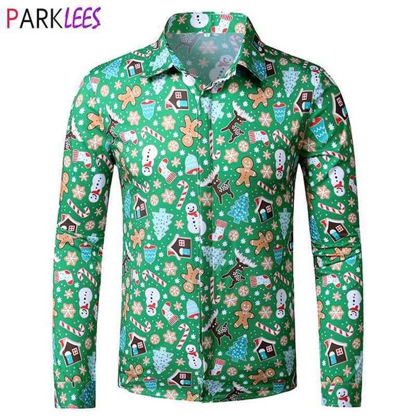 Verde feio camisa de natal masculino Boneco de neve 3D Impressão Hawaiian Aloha Camisa de férias Mens Xmas Party Vestido de férias homens 210522