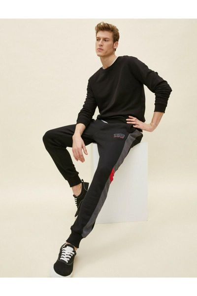 

koton male black cotton lettering printed jogger sweatpants running pants, Black;blue