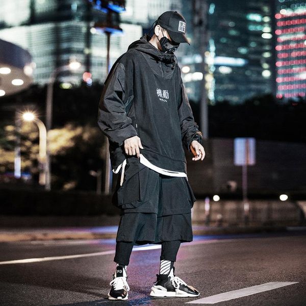

men's hoodies & sweatshirts black techwear hip hop letter embroidery hooded patchwork men casual streetwear loose pullover male hoody