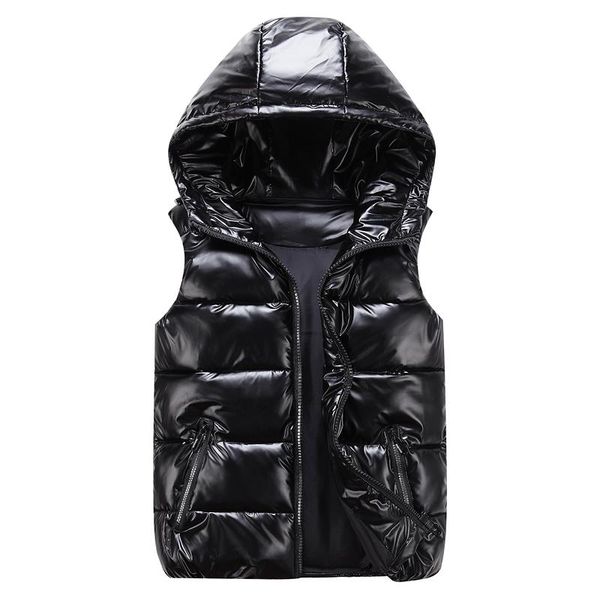 

men's vests man/woman/ child vest winter hooded glossy cotton casual waistcoat sleeveless jacket warm overcoats hat, Black;white