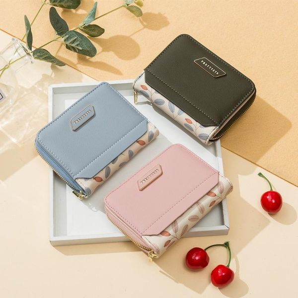 

wallets small wallet cute designer leather purse patchwork short ladies card holder floral coin purses girls, Red;black