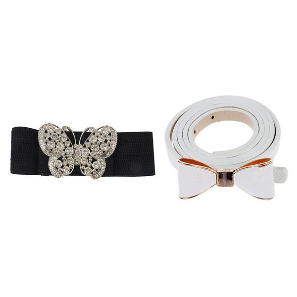 

belts 2 pcs women rhinestones butterfly waist belt black & white, Black;brown