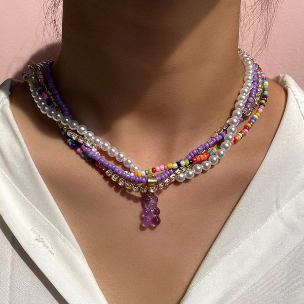 

chains 4pcs/set y2k multilayer candy bear crystal beaded necklaces set for women cartoon handmade beads necklace fashion jewelry, Silver