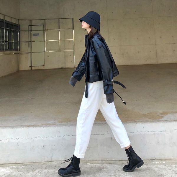 

black loose jackets women long sleeve motorcycle stand short leather jacket pu zippers cazadora mujer women's clothingef50wj, Black;brown