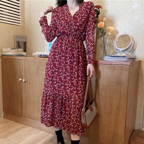 

dress autumn boho beach maxi party women fashion long sleeve lady floral print holiday vintage robe femme x513, Black;gray