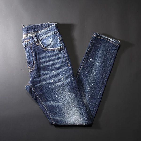 

men's jeans italian style fashion men retro blue elastic slim fit ripped splashed designer vintage denim pants