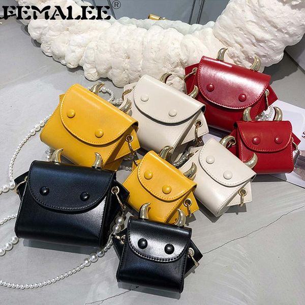 

ins crossbody bag pu leather women single mini shoulder purse handbag pearl beading chain metal cow's horns sac a main bags