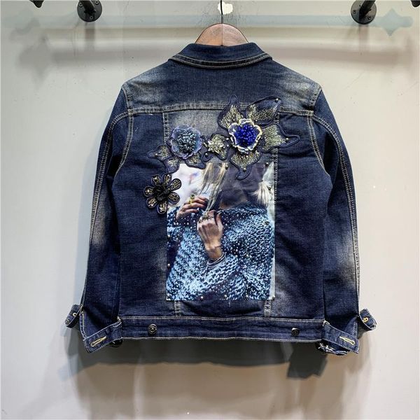 

women's jackets fashion patch three-dimensional flower beaded denim jacket long sleeve jeans woman streetwear autumn jean coat femme, Black;brown