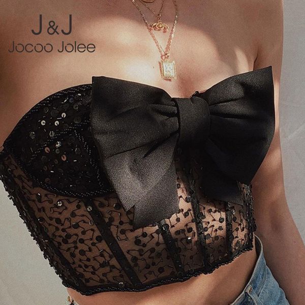 

jocoo jolee white black lace cropped women elegant mesh sequins tie bow strapless tanks club party skinny tank 210518