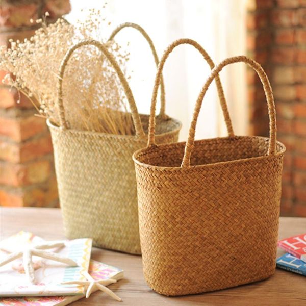 

storage baskets straw weave wicker basket shopping picnic bag for kitchen neatening sundries decorative flower gift panier osier