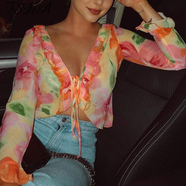 

women's blouses & shirts 2021 summer printed chiffon blouse lace up ruffle v-neck long sleeve female fashion streetwear ladies top, White