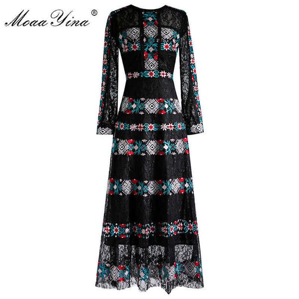 

fashion designer dress spring autumn women dress vintage mesh embroidery elegant dresses 210524, Black;gray
