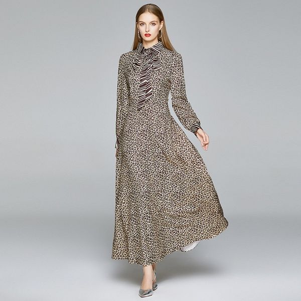 

autumn runway fashion leopard print maxi dress women turn down collar long sleeve party high waist ankle-length party dress 210514, Black;gray
