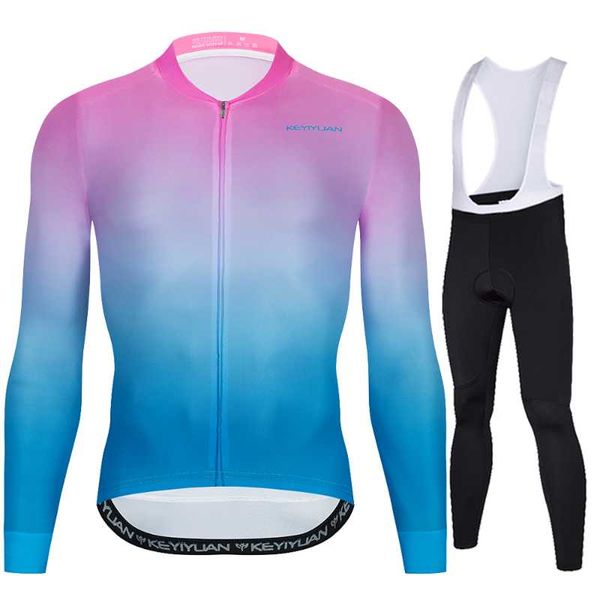 

racing sets keyiyuan spring autumn men pro mountain bike team cycling jersey long sleeve gel padded bib mtb triathlon suit maillot largo, Black;blue