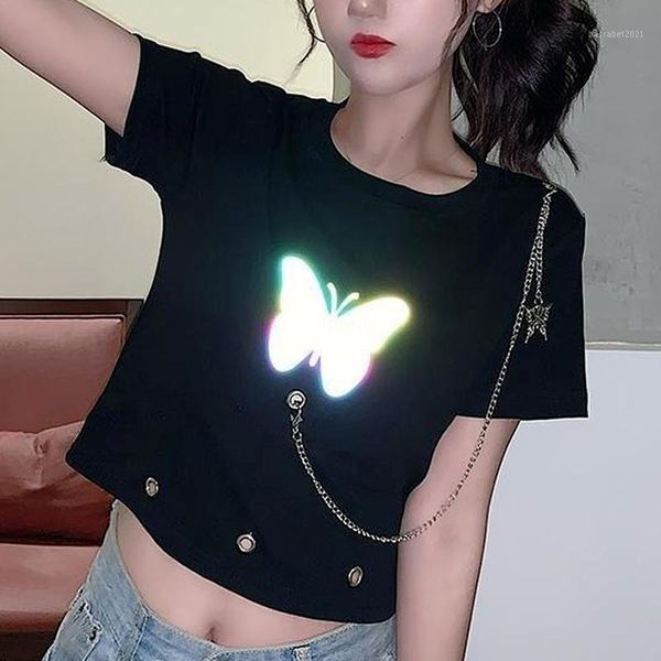 

women's t-shirt women punk crop t-shirts for 2021 fashion korean style chain short sleeve with print summer white female