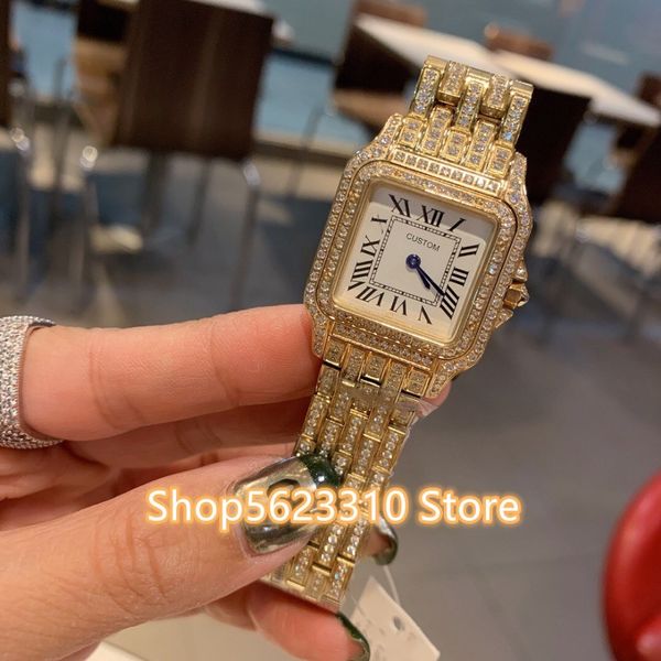 Famoso Marca CZ Crystal Quartz Pantera Pantera Relógio Completo Zircão Quadrado Dial Panthere Assista Leopard Mulheres Jantar Dress Relógio