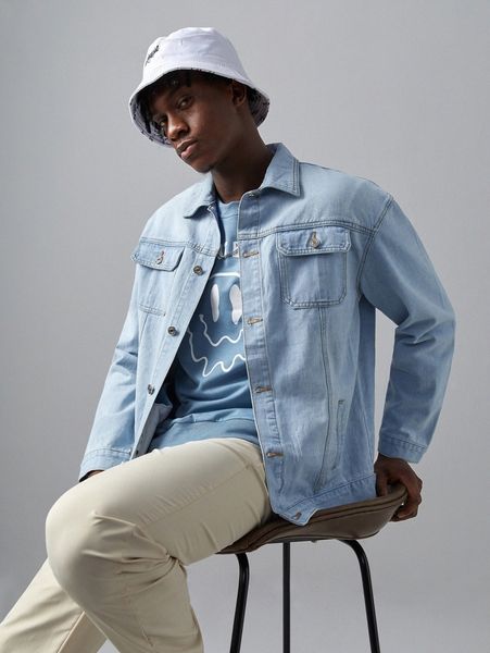 

romwe guys button front pocket denim jacket n1wm#, Blue