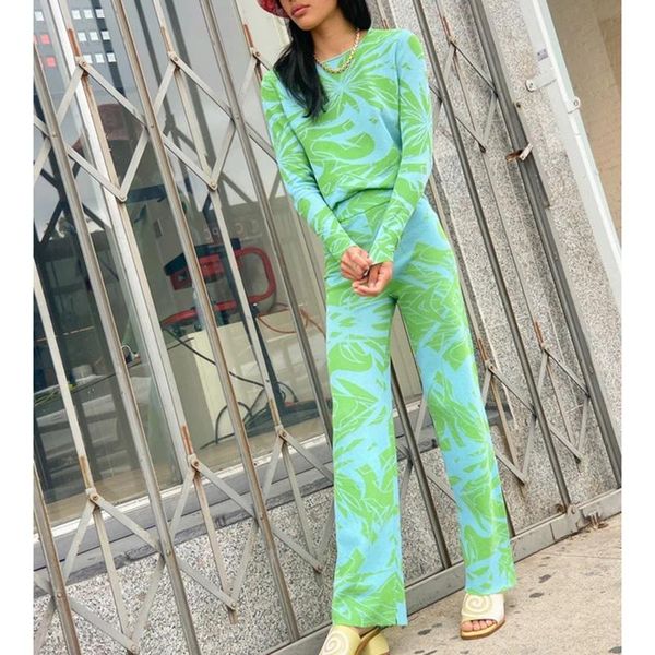 

novalya o neck printed knitted suits women fashion wide leg full length pants suit elegant long sleeve female ladies women's two piece, White