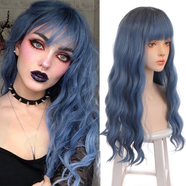 

synthetic wigs houyan women cosplay long curly hair wavy hairstyle blue wig female high temperature resistant fiber, Black