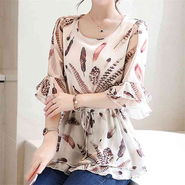 

womens and blouses ruffle chiffon blouse women fashion flower print summer blouses shirts floral blusa feminina 932a 210401, White