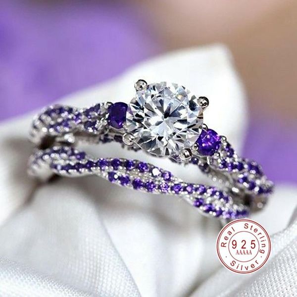 

cluster rings 2021 trendy crystal 925 sterling silver designer ring engagement wedding purple zircon 2pc/set 2 in 1 for women jewelry, Golden;silver