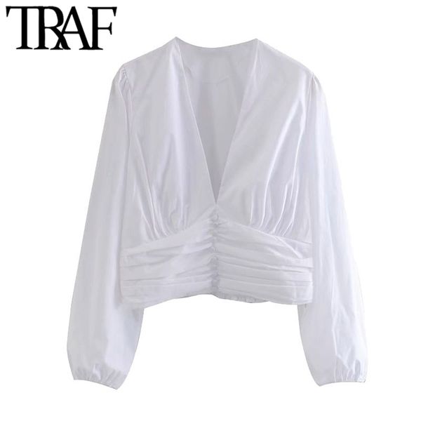 

traf women fashion decorative buttons pleated cropped blouses vintage long sleeve side zipper female shirts chic 210730, White