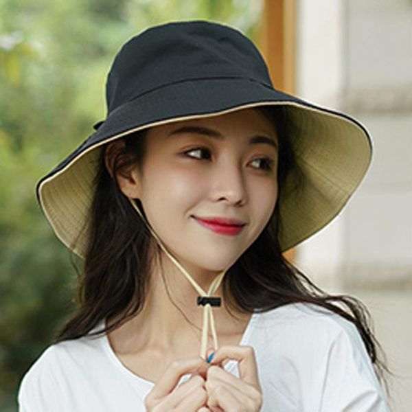 

cycling caps & masks two-sided wear solid wide-brimmed foldable outdoors bucket sun fisherman hat women men summer cap ladies, Black