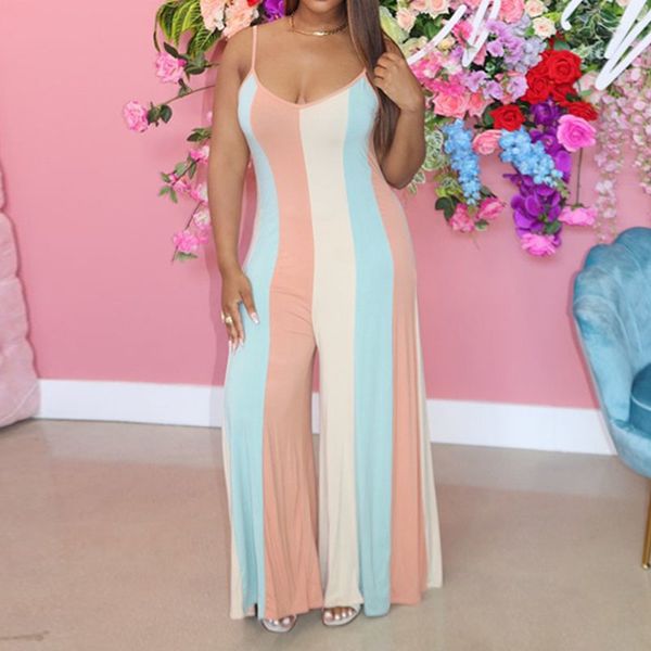 

spaghetti strap striped wide leg jumpsuit casual loose sleeveless romper overalls 210521, Black;white