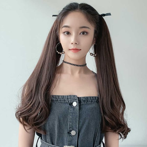 

wig women's long straight hair ffy bandage type false braid cute double tail, Black