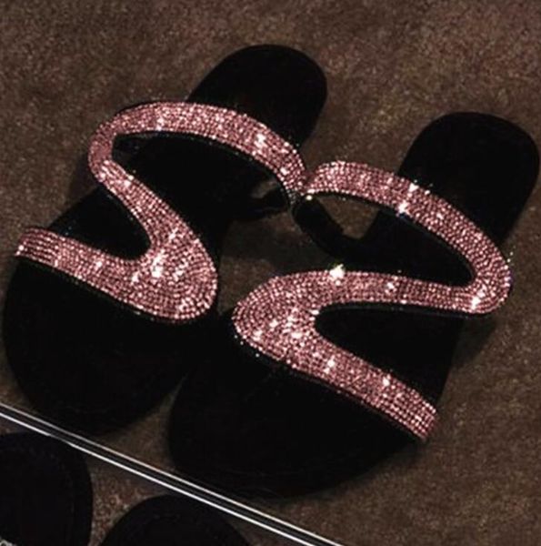 

diamond summer flat sandals women's beach women designer shoes fashion rhinestone flip flops plus size 35-43, Black