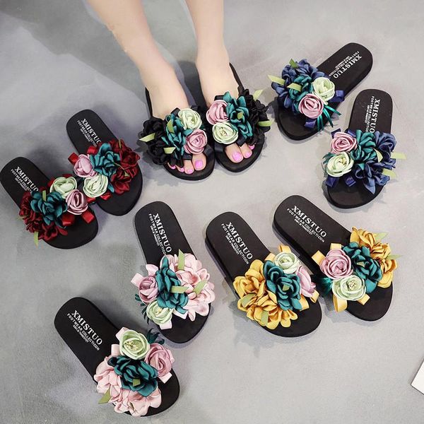 

slippers women female summer high-heel beach shoes thick-sole flowers woman princess open toe zapatos de mujer flip flops, Black
