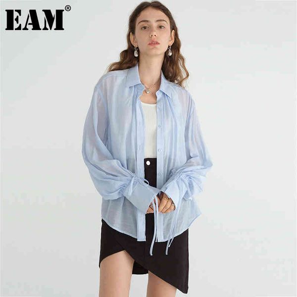 

[eam] women blue big size bow elegant chiffon blouse lapel long sleeve loose fit shirt fashion spring autumn 1dd7847 21512, White