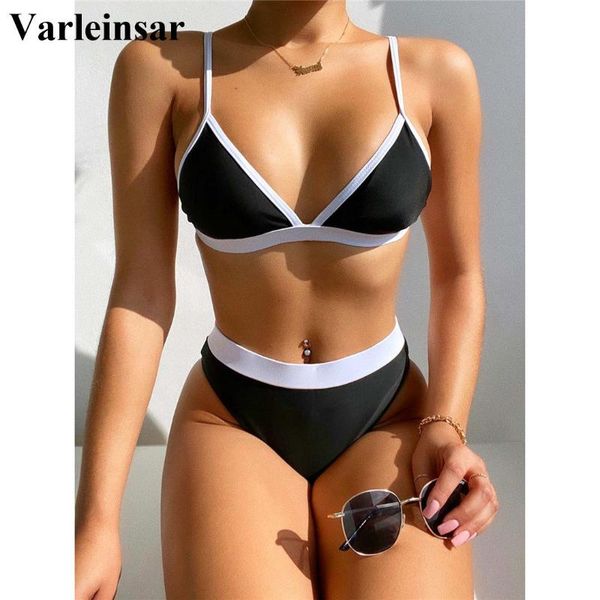 

women's swimwear black white splicing female swimsuit high waist bikini women two-pieces set bather bathing suit swim lady v2568, White;black