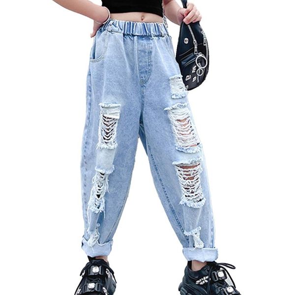 

trousers hip hop girls clothing kids pants summer fashion ripped jeans for teenage clothes loose children denim, Blue