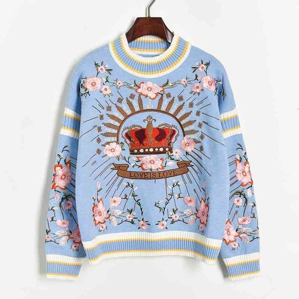 

women's sweaters womens designer long sleeve winter heavy industry embroidery plum blossom flower crown knitting dmcl, White;black
