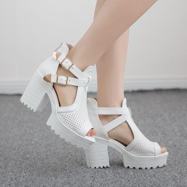 

sandals summer 2021 arrivals peep toe women thick high heels with platforms female fashion buckle strap shoes, Black
