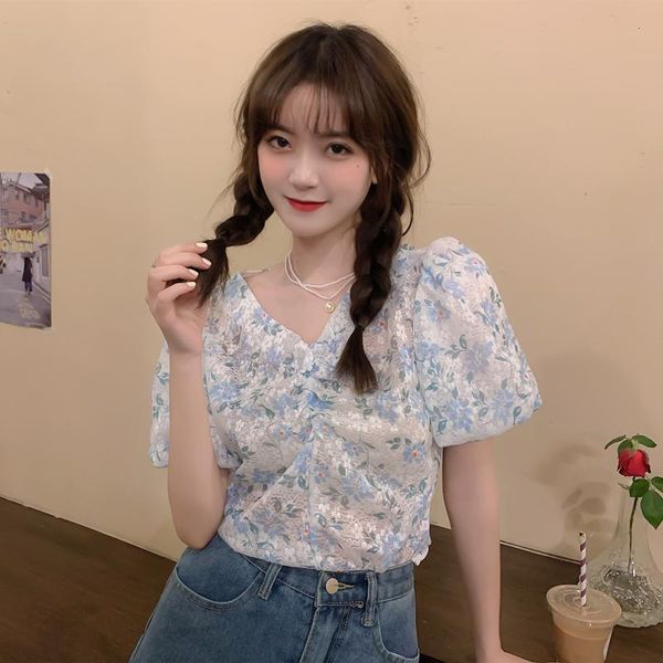

women's blouses & shirts short-sleeved shirt summer 2021 floral puff sleeve v neck shirring print fashion chiffon blouse female, White