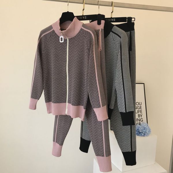 

women's tracksuits christmas tree knit two piece sets zipper turtleneck cardigan sweater sport chic open cardigans harem pants 6lk, Gray