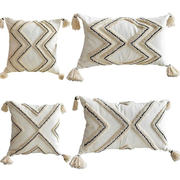 

nordic style boho throw pillow case woven tufted geometric striped cotton cushion cover shell with tassel for couch sofa